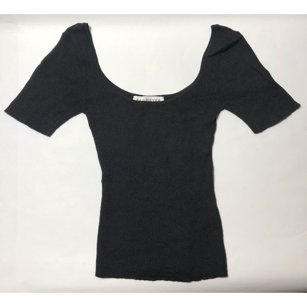 KALLMEYER Womens XS Luxury Black Shirt Top Knit Short Sleeve Scoop Linen Stretch